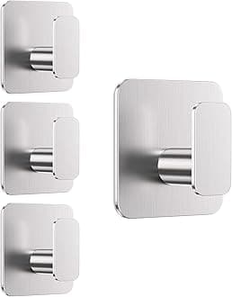 Silver Hooks for Hanging Heavy Duty, Adhesive Hooks for Shower, Bathroom, Kitchen, Robe, Towel, Coat, Waterproof & Rustproof Hook for Walls No Damage, Sticky Wall Towel Hooks - 4 Pack