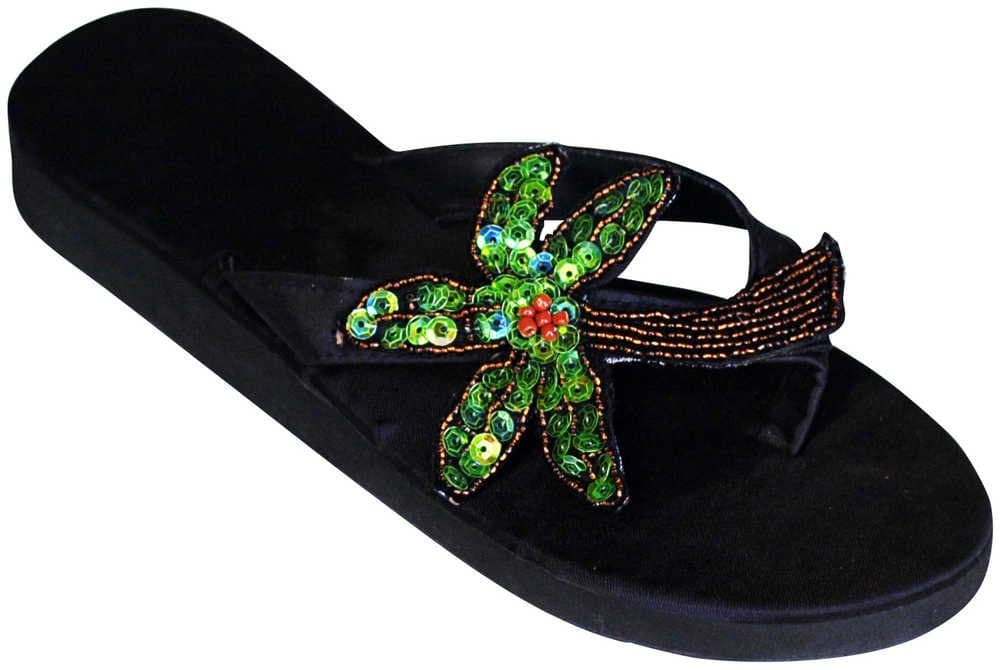 Women's Palm Tree Flip Flops-M-Green / Brown