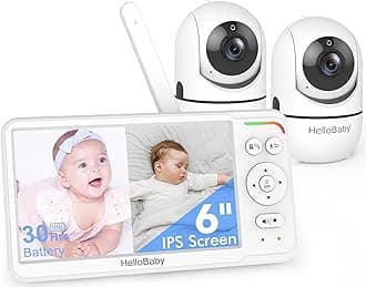 HelloBaby World's First 6" IPS Split Screen Baby Monitor with 2 Cameras - No WiFi, 30hr Battery, 355° Pan-Tilt, Night Vision, 1000ft, Portable Travel Video Audio Monitor with Temp Alert/Lullabies/VOX