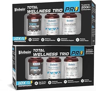 Blubein Total Wellness Trio PRO | 1250 mg Mega Omega 3 Fish Oil 60N | KSM-66 Ashwagandha 60N | Multivitamin with 37 Vital Ingredients 60N