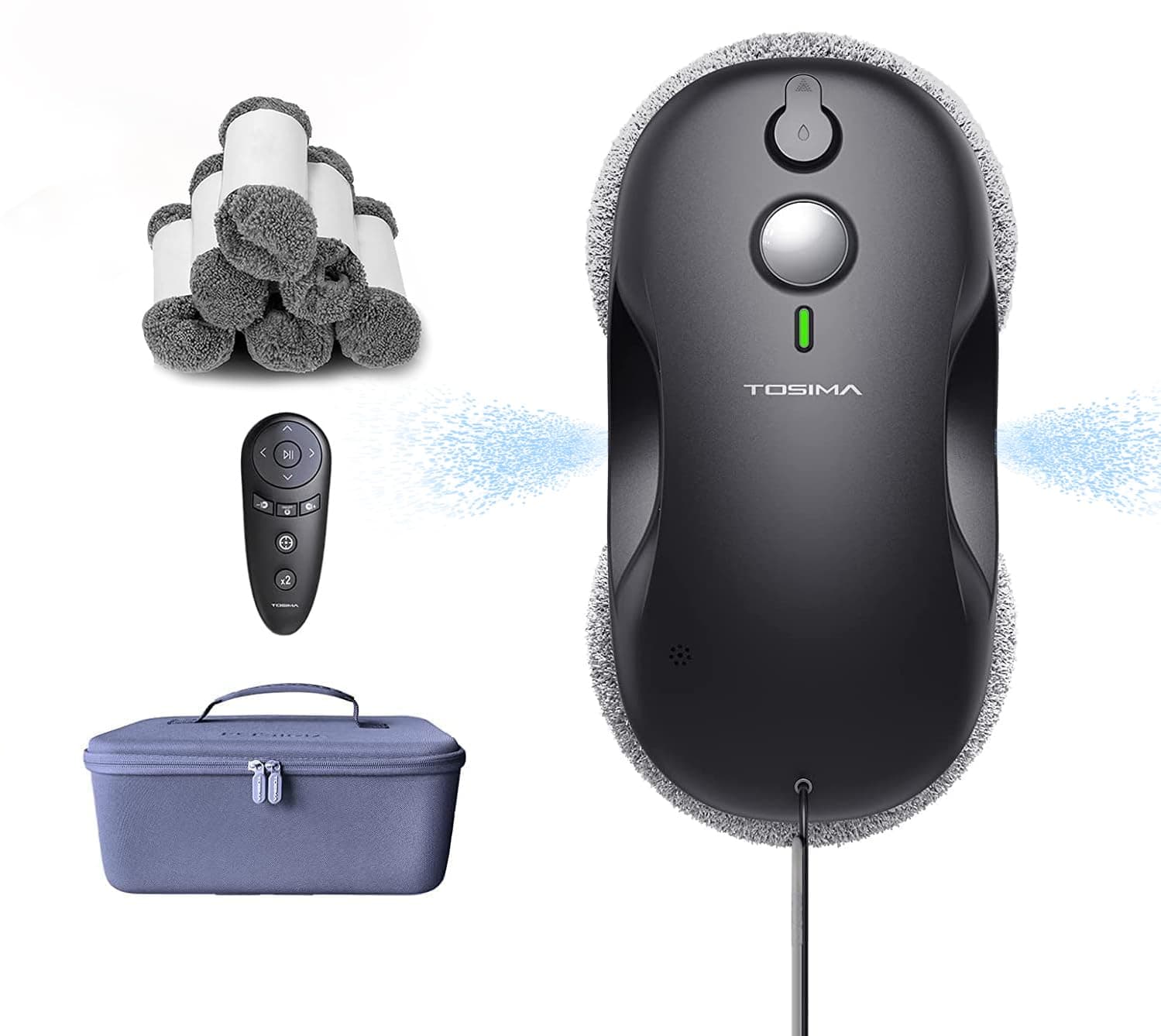 Tosima W3 Window Cleaning Robot - Dual Direction Auto-Spray Smart Window Cleaner with Triple Safety System, Smart Navigation, Remote Control, for All Smooth Surfaces, with 12 Rags, Black