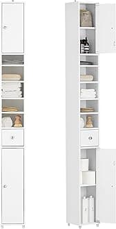 Haotian Narrow Bathroom Storage Cabinet, Tall Slim Cabinet with Adjustable Shelves and Doors, Floor Standing Cupboard for Small Spaces, Bathroom or Laundry Room Organizer, White BZR34-W