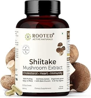 Rooted Shiitake Mushroom 60 Capsules 500 mg | Supports Healthy Cholesterol & Helps BP Levels |Immunity, Heart, Skin & Hair Health & Weight Control