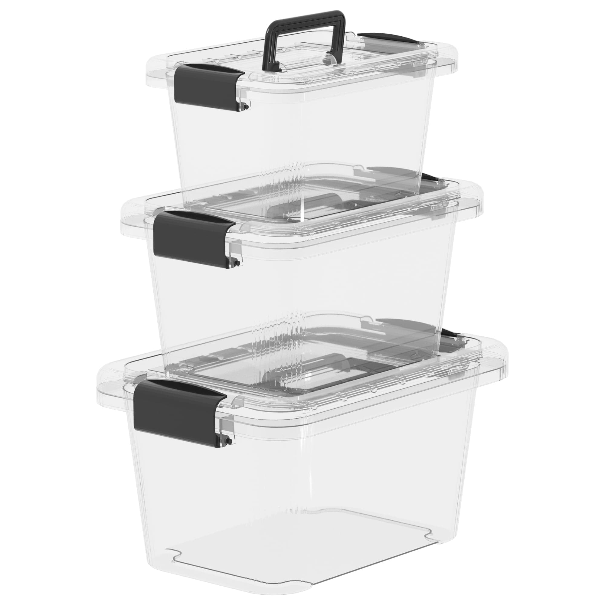 Cetomo Storage Boxes with Handle, Plastic Storage Box with Lids for Home Dorm Office Organization, Stackable & Nestable, Tote Container, PP, Transparent, 6L+10L+18L-3 Pack