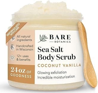 Natural Body Scrub (Coconut Vanilla) – Gentle Exfoliator & Super Moisturizer | Includes a Wooden Spoon | No Synthetic Fragrances, No Nut Oils, Ready to Gift | Net Weight 24oz