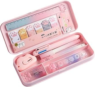 Stylish Stationery Set Pencil Case, Complete Multifunctional Student Supplies Kit Box, Includes Sharpener, 6-Color Ballpoint Pens, Ruler, Frosted Pencil Case, for School & Study Needs (Pink)