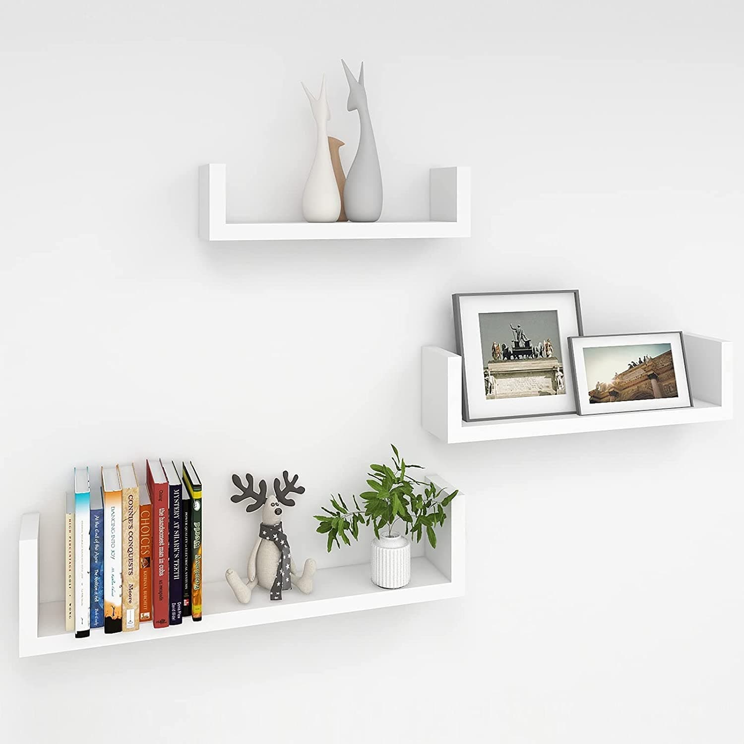 UHUD Crafts Hanging Floating Wall Mount Display U Shape Wall Shelf, Wall Rack Shelf for Living Room Decoration, Showcase and for Storage (White) Set of 3(Engineered Wood)