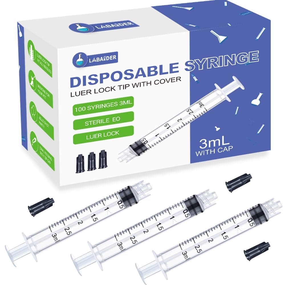 100 Pack 3ml Syringes Luer Lock Syringe without Needle, Individually Sterile Wrapped, with Cap