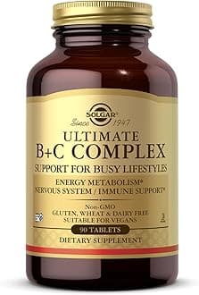 Ultimate B Plus C Complex Tablets - Pack of 90 - B1, B2, B3, B4, B5, B6, B7, B12, Vitamin C - Multivitamin for Metabolism and Nervous System Support - Vegan, Kosher and Gluten-Free