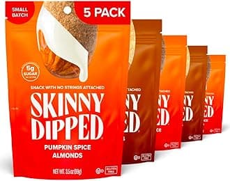 SkinnyDipped Maple Kiss and Pumpkin Spice Almonds Variety Pack Bundle, Healthy Snack, Plant Protein, Gluten Free, 3.5 oz Resealable Bags, Pack of 5, Limited Edition