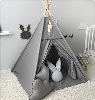 Kids Teepee Tent with White Pom Pom - Indoor Play Teepee for Children Boys Portable Play House (Grey)