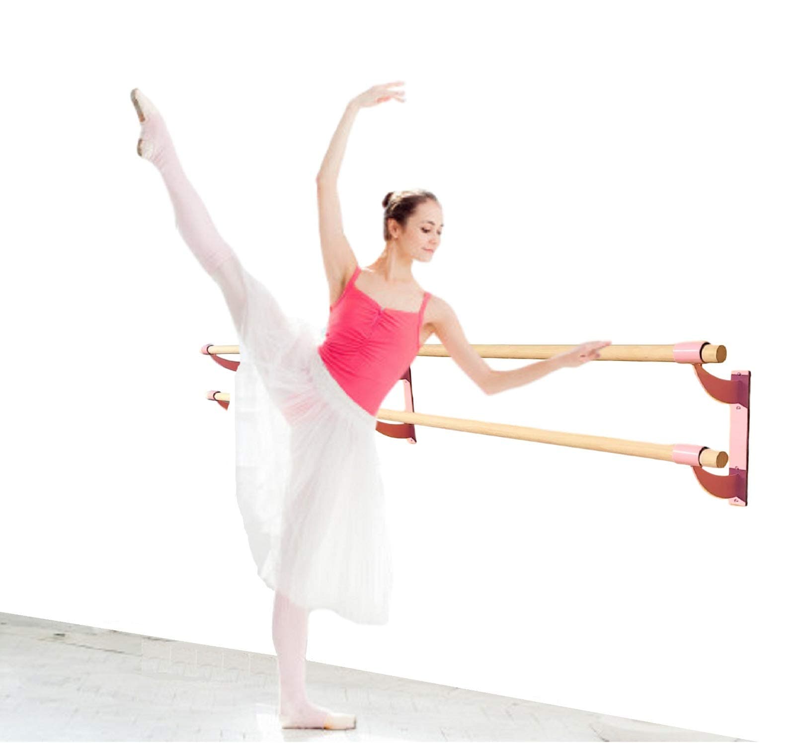 Double Bar Fixed Height Wall Mount Ballet Barre System Traditional Wood, 5 FT Long, 2.0" Diameter Made of one Section 5 Ft Bar x 2 (Black Brackets)