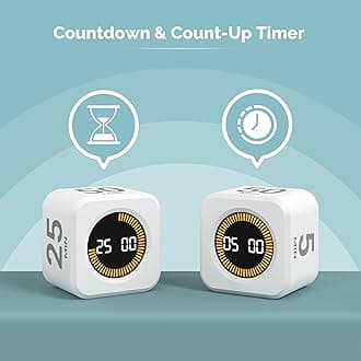 KADAMS Pomodoro Cube Timer Productivity Visual Timer - 5/10/25/50 Min Rotating Countdown, Customize Countup Silent Mode- for Work Study Cook Workout Kitchen Back to School Classroom (White, 2 Pack)