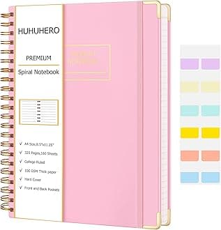Huhuhero Spiral Notebook 8.5" x 11", 320 Pages Lined Notebook for Women Men, A4 College Ruled Notebook Journal, Aesthetic Gifts Spiral Journal for Writing Work School, 24pcs Index Tabs (Pink)
