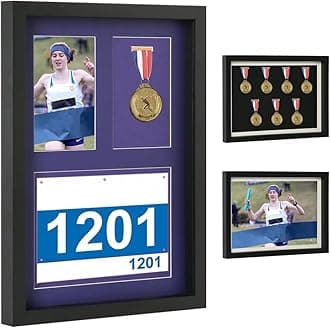 Shadow Box for Medals, Race Bibs, and Photos Display - 7 Medal Display Case - Large Medal Display Picture Frame for Marathon Runner, Race Winner, Military Awards, Triathlons & All Sports (Black, A3)