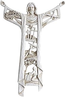 XIAOZHIGU Crucifix Wall Cross Jesus Statues,Handmade Hollow Out Catholic Prayer Cross Christian 1st Holy Communion Christening Gifts Home Wall Decor Gifts for Women, White, 8.26*5.51*0.59