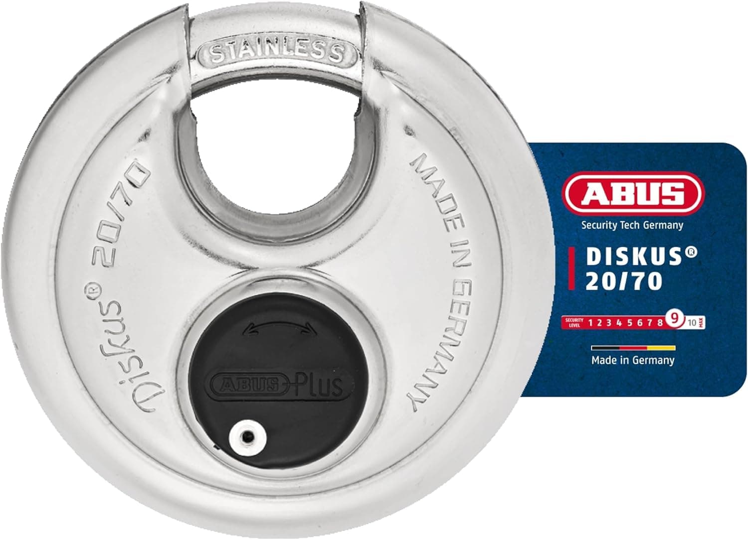 ABUS - Diskus 20/70 Padlock with Key (2.75") 70mm - Heavy Duty Stainless Steel - Cut, Rust & Drill Resistant - Storage & Outdoor - Pad Lock with 2 Keys (Keyed Different) - Commercial & Home Security