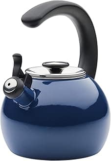 Enamel On Steel Whistling Tea Kettle | Hot Water Kettle with Heat-Resistant Phenolic Grip, 1.9 Liters | Gas stovetop and Induction Compatible, Blue