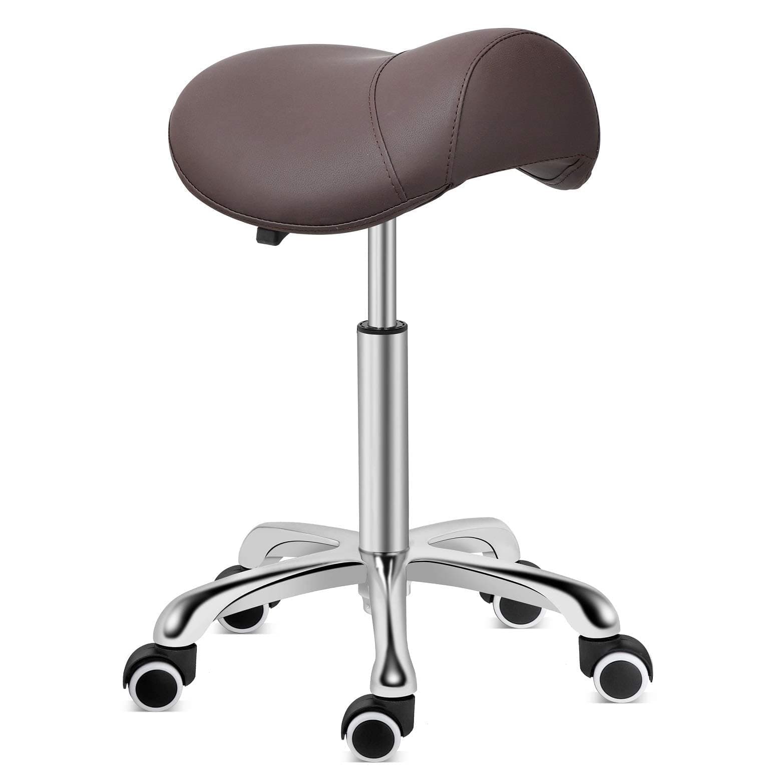 Kaleurrier Saddle Stool Rolling Swivel Height Adjustable with Wheels,Heavy Duty Saddle Chair,Ergonomic Stool Chair for Hair Salon Lab Clinic Dental Massage Home Office Kitchen (Coffee, Without Back)