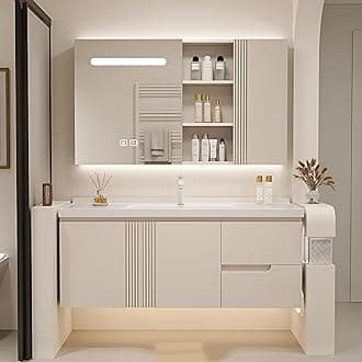 Bathroom Vanity with Sink - Floating Bathroom Vanity Contains LED Smart Defog Mirror Cabinet | Solid Wood Bathroom Vanity | Wall Mounted Installation (56")