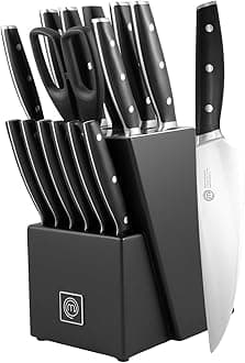 Kitchen Knife Set with Block and Sharpener Plus Scissors, 15pc Chef Knife Set of Professional Grade Kitchen Knives with Sharpened High Carbon Stainless Steel Blades & Triple Riveted Handles