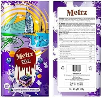 Meltz Pistachio Dubai Chocolate Blueberry Cheesecake Knafeh Bar 192g - Filled With Premium Berry Cream Crispy Kataifi - Luxury Rich Milk Chocolate, Individually Wrapped - Perfect Dubai Sweets Treat Box Dairy Gift (pack of 1