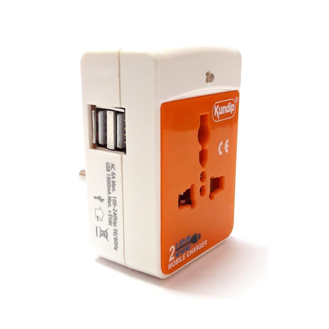 KUNDIP 6 A 3 Pin 2 Way Plastic Multi-Plug/Travel Adaptor with Dual USB and Indicator Light (Orange)