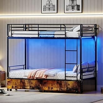 Bellemave Twin Over Twin Bunk Bed with LED and USB Charging Station, Metal Bunk Beds with 2 Storage Drawers, Ladders, No Box Spring Needed, Black