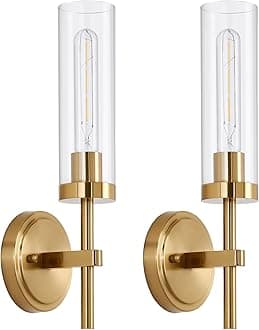 Gold Wall Sconces Set of 2, Modern Bathroom Sconces Wall Lighting Vanity Light Fixtures with Clear Glass, Brushed Brass Wall Mount Lights for Living Room Corridor Mirror Bedroom Stairs
