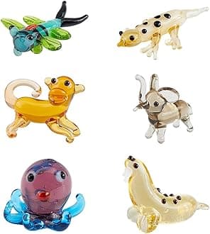 6 Styles Hand Blown Glass Figurines Miniature Animal Glass Decor Includes Walrus Octopus Elephant Monkey Gecko Dragonfly Animal Figurine for Collectible Home Decor Gifts