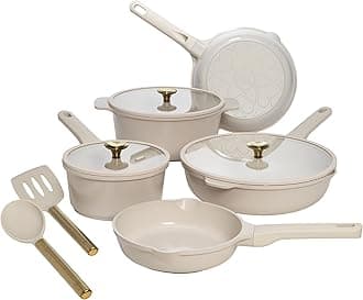 Paris Hilton Ceramic Nonstick Cookware Set, Cast Aluminum with Dual Layer Nonstick Coating, Gold Heart Knobs, Stay-Cool Handles, Made without PFAS, PFOA, PFOS & PTFE, Dishwasher Safe, 10-Piece, Cream