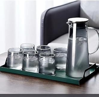 Water and Juice Black Glasses Set of 6 and Borosilicate Jug Set 1Combo,(6 PC Glasses 270ML and 1 Water Jug 1 Liter), Transparent, Glass and Jug Set for Dining Table (Black - B)