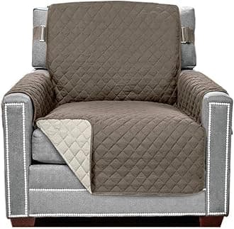 Sofa Shield Chair Slip Cover with Patented Strap, Cushion Protector, Reversible Stain and Dog Tear Resistant Slipcover, Quilted Microfiber 23in Seat, Washable Covers for Dogs Pets Kids, Latte Linen