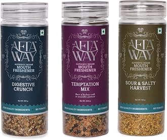 - The AftaWay Binge & Munch Combo - Temptation Mix, Digestive Crunch, Sour & Salty Harvest, Natural Breath Freshener, No Tobacco, No Artificial Preservatives, No Sugar, Healthy Snacking Indian Mukhwas