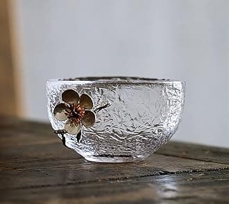 ZENATION Japanese hammered glass exquisite -set of 2 tea cups/sake cups, with tin and copper plum blossom decoration-B