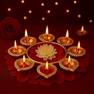 Jaipur Ace Elegant Urli Gold Metal Diya and Tealight Candle Holders with Floral Arrangement Bowl, Perfect for Diwali, Pooja, and Home Decor Floral Beautiful Urli (9 Inch Urli Set)