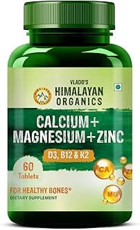HIMALAYAN ORGANICS Calcium Magnesium Zinc Vitamin D3, B12 & K- 60 Vegetarian Tablets I Supplement for Women and Men, For Bone Health & Joint Support