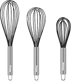 NileHome Whisk Flat Whisks Commercial Stainless Steel & Silicone Non-Stick Coated Small Whisk Set 8" 10" 12" Kitchen Wisk Wire Whisks for Cooking 3 Pack, Black