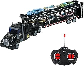 Remote Control Car Transporter Truck Includes 6 Cars, 14" 1:48 Car Transporter Semi Truck Toy, Equipped with 2 Rechargeable Batteries, Gifts Ideas for Boys Age 3-8 Year Old