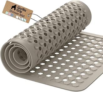 GORILLA GRIP Patented Bath Tub Shower Mat, Machine Washable Bathtub Floor Liner Mats, Suction Cups and Drain Holes to Keep Tubs Clean, Soft on Feet, Bathroom Essentials, 35x16 Inch, Beige