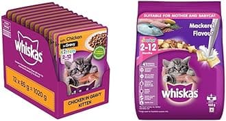 Wet Food for Kittens (2-12 Months), Chicken in Gravy Flavour, 12 Pouches (12 x 85g) & Kitten (2-12 Months) Dry Cat Food, Mackerel Flavour, 450g Pack
