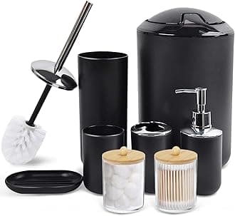 CERBIOR Bathroom Accessories Set 8 Pcs Bath Ensemble Includes Soap Dispenser, Toothbrush Holder, Toothbrush Cup, Soap Dish, Qtip Holder Dispenser for Housewarming Gift (8-Black)