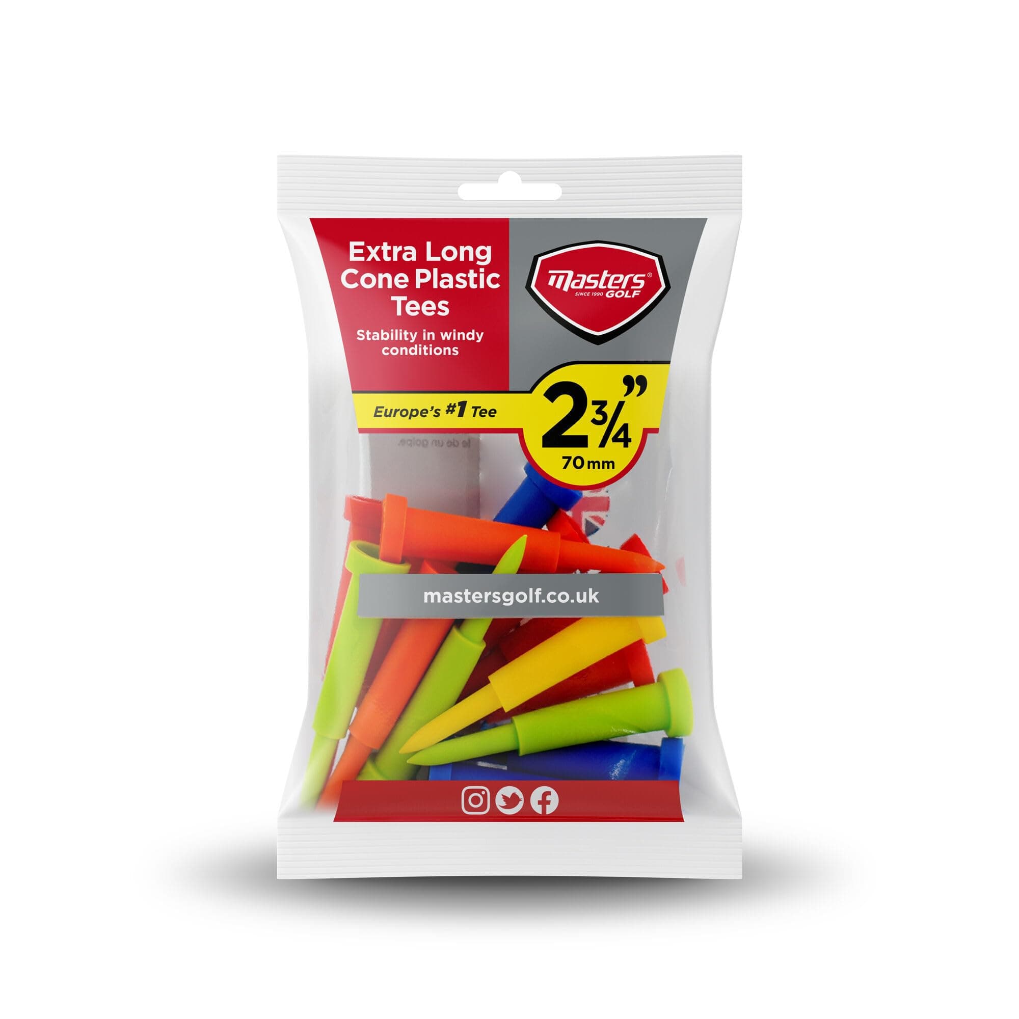 "Masters Extra Long (70mm, 2 3/4"") Cone Plastic Tees For Extra Stability", multi-coloured, one size, TEP100