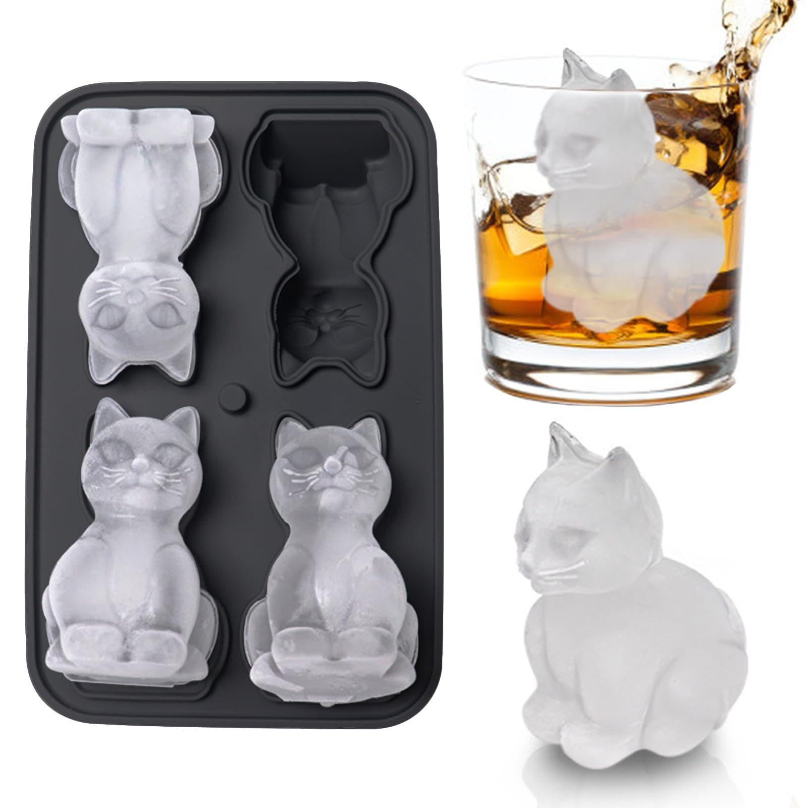 3D Cat Ice Cube Mold, Admaison Ice Cube Tray with Funnel with Funnel for Cocktails, Bourbon,Brandy, Whiskey Gifts for Men, Silicone Fun Shapes Black Cute (CAT)