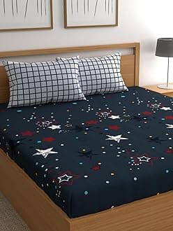 LOOMLYFE 300 TC Cotton Feel Glace Cotton Elastic Fitted Printed Super King Size Bedsheet with 2 Pillow Covers Fits Upto 12 inches Mattress,Size- 72X78 Inches, DarkBlueStars