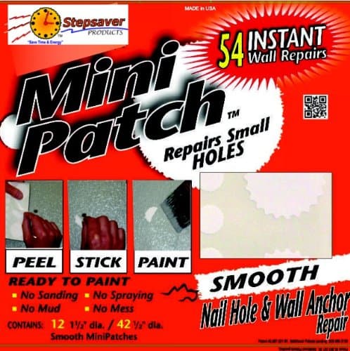 Stepsaver Products USA Made Mini Patch Smooth Wall Repair Kit. Repair Nail and Wall Anchor Sized Holes (1) Pack Provides 54 Small Hole Repair Patches.