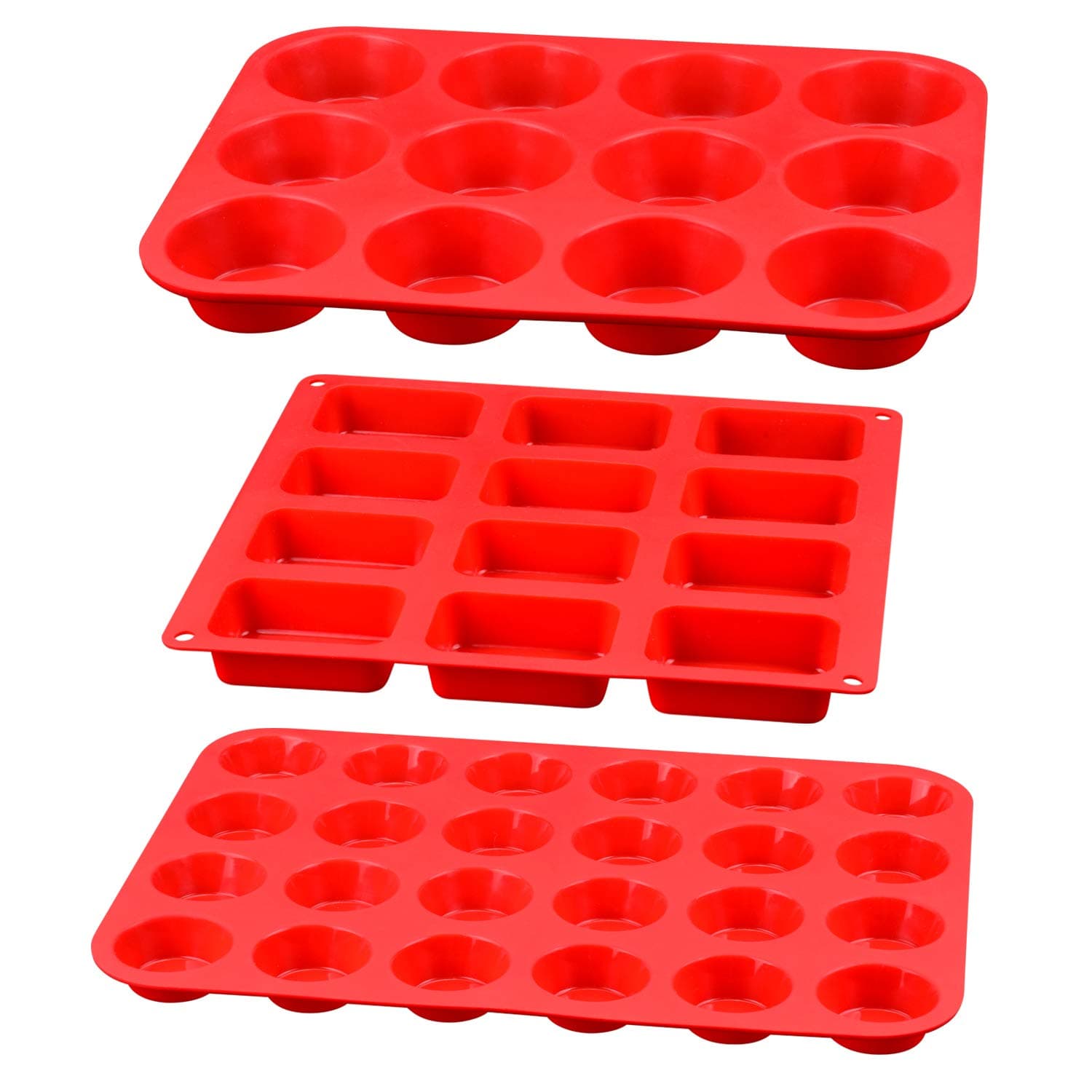 Silicone Muffin Pan - Silicone Molds Including Mini 24 Cups, Regular 12 Cups Muffin Pan and 12 Cavities Mini Loaf Pan 3-in-1 Set for Egg Muffin, Cupcakes, Brownies, Fat Bombs