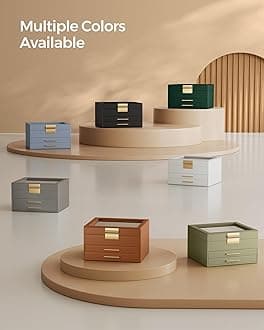SONGMICS Jewelry Box Organizer with Glass Lid, 3-Layer Jewelry Storage, with 2 Drawers, Modern Style, 8 x 9.1 x 5.3 Inches, Caramel Brown and Gold Color UJBC239K01