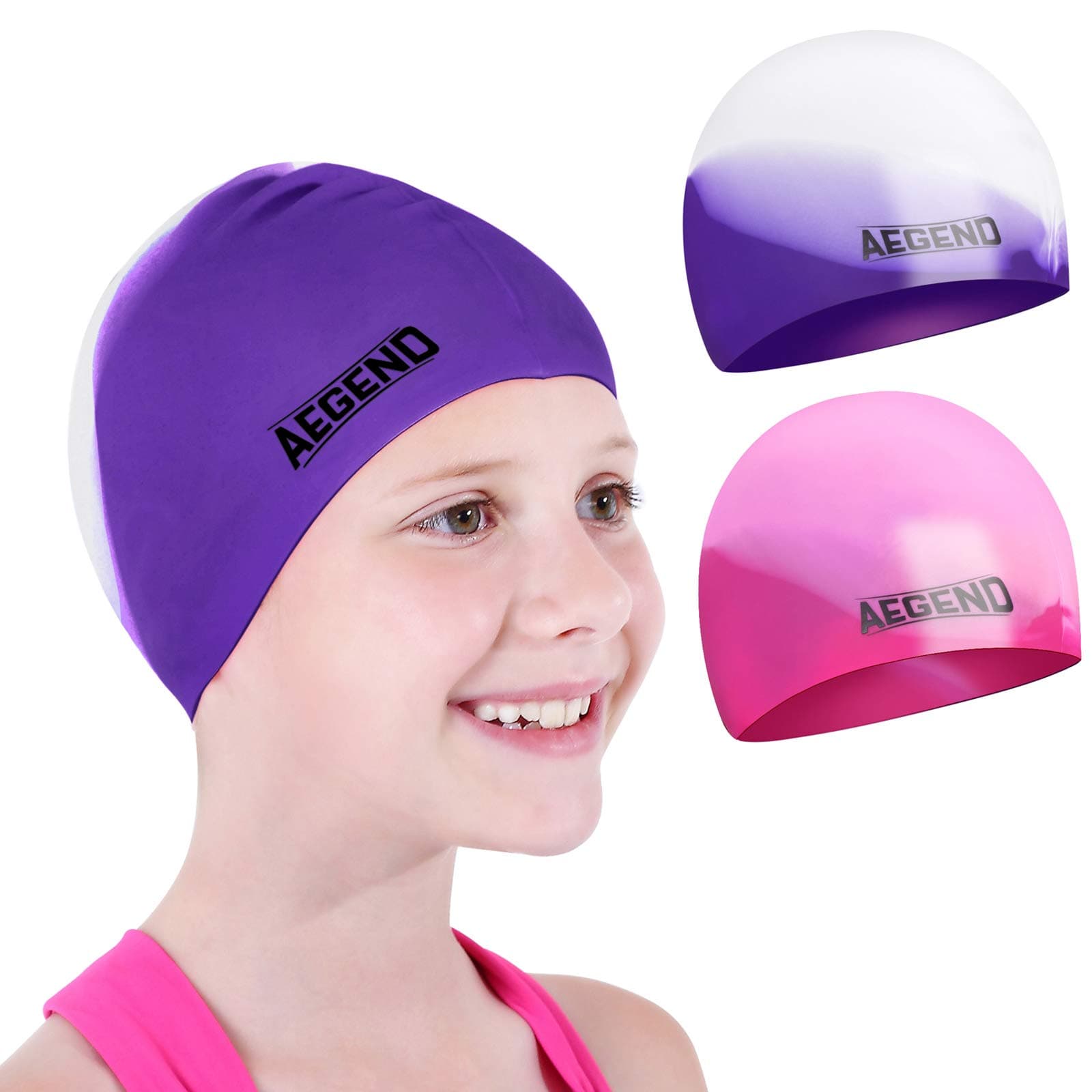 Aegend2 Pack Swim Cap for (Age 2-12), Durable Silicone Swimming Cap for Kids Youths, Comfortable Fit for Long Hair and Short Hair, 6 Colors
