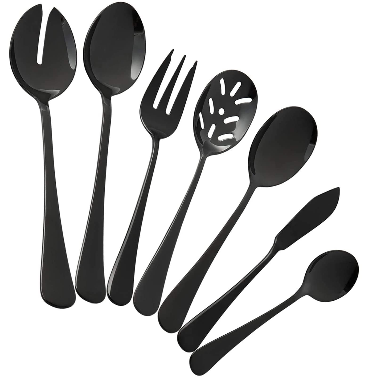Black Serving utensils set. Stainless Steel Hostess Flatware Sets 7-Piece Includes Silverware Large Salad Spoons,Forks,knifes.Dishwasher Safe.